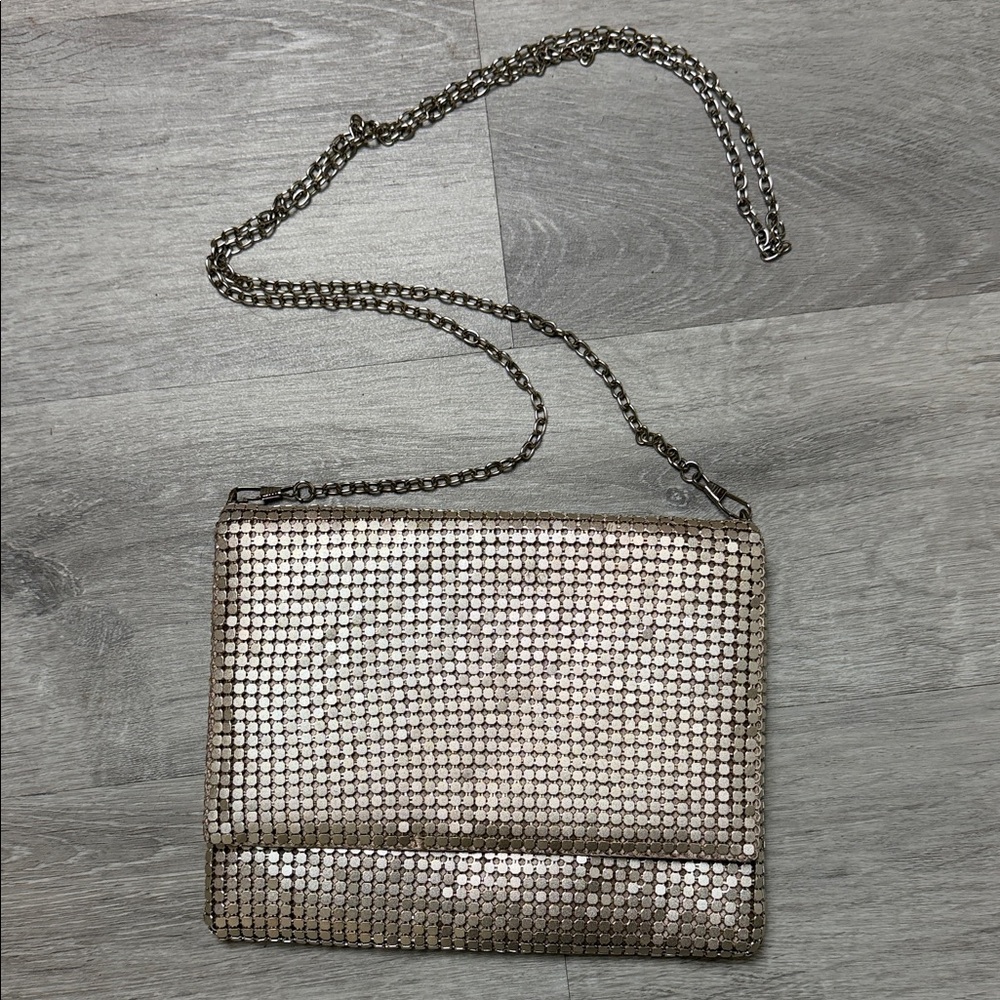 Metallic Silver Mesh Crossbody Bag with Chain Strap